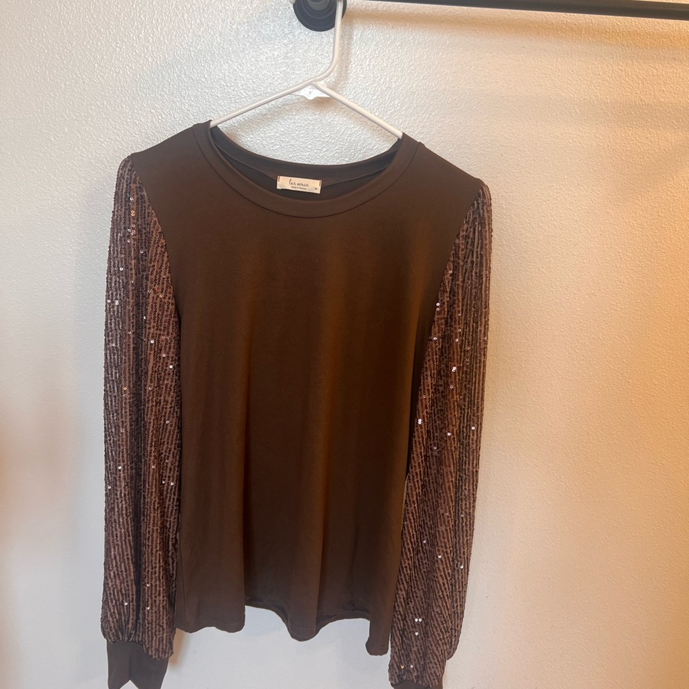 Elegant Brown Blouse with Sequin Sleeves